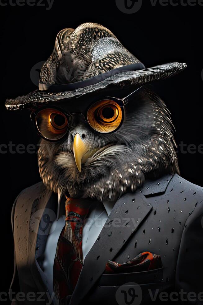 AI generated Owl dressed in an elegant modern suit with a nice tie. Fashion portrait of an anthropomorphic animal photo
