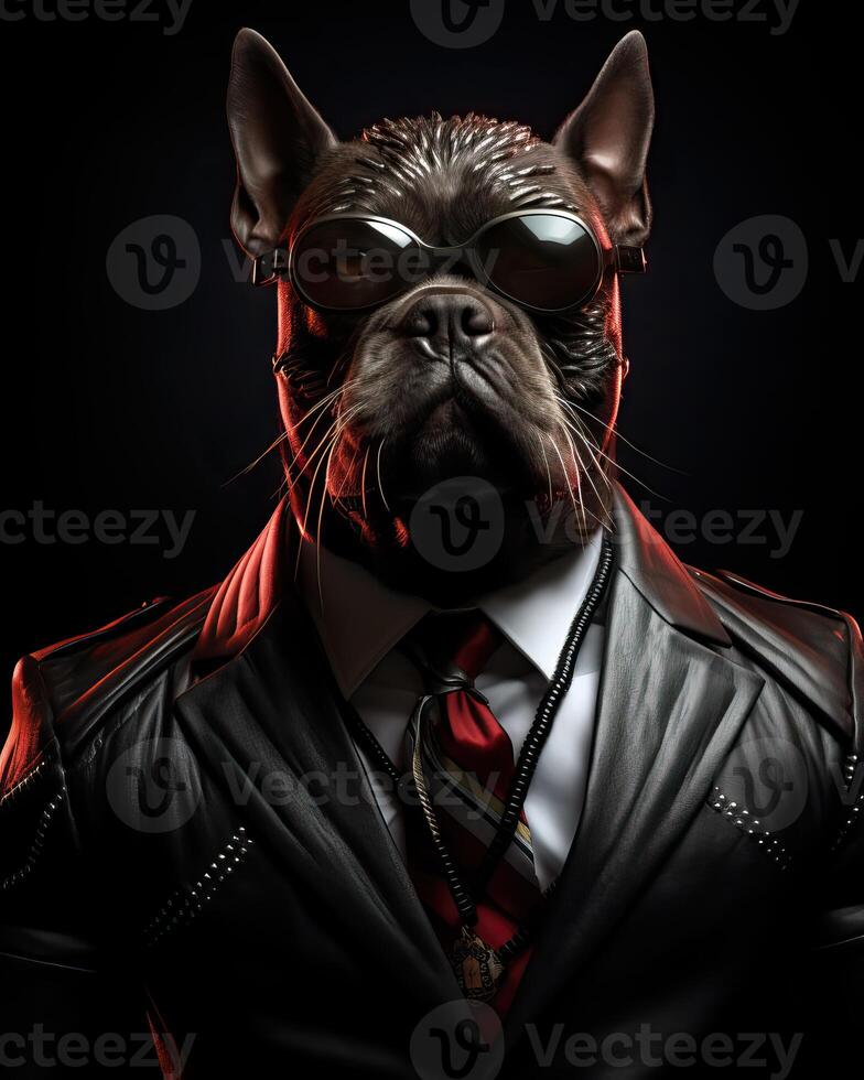 AI generated Dog dressed in an elegant modern suit with a nice tie. Fashion portrait of an anthropomorphic animal photo