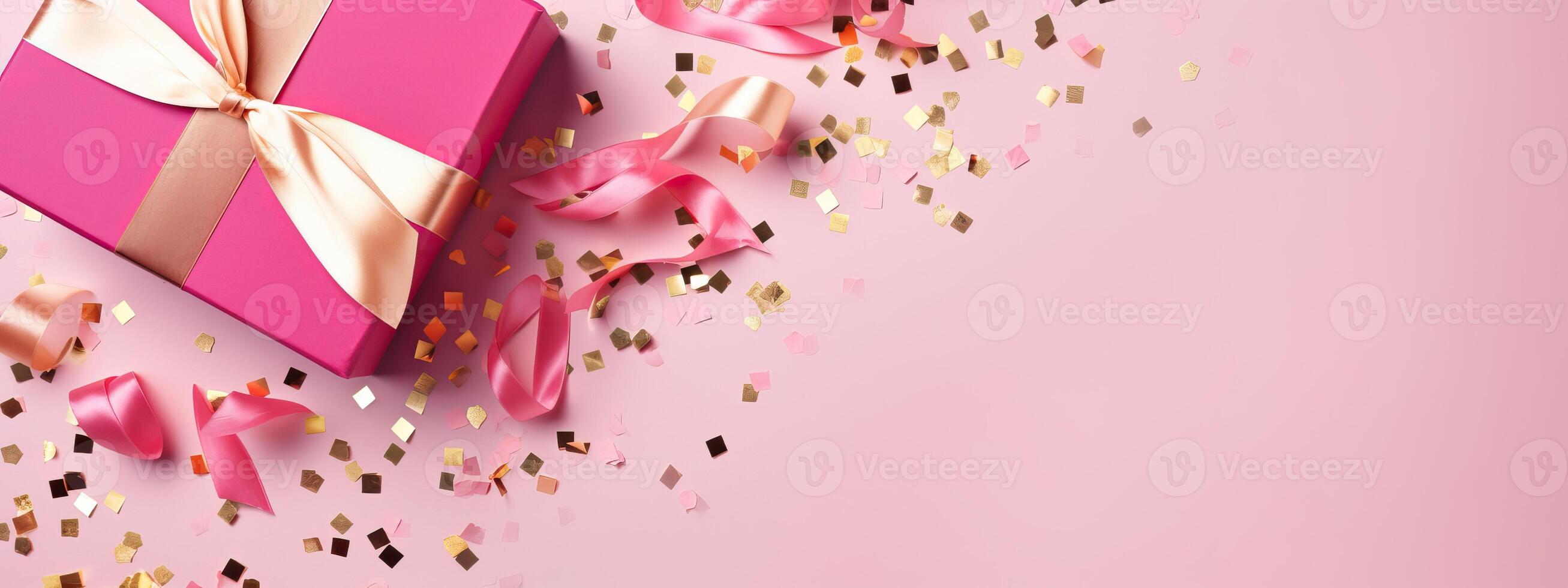 AI generated Pink gift box template with confetti, top view. Xmas decorative objects. Sale banner, surprise photo