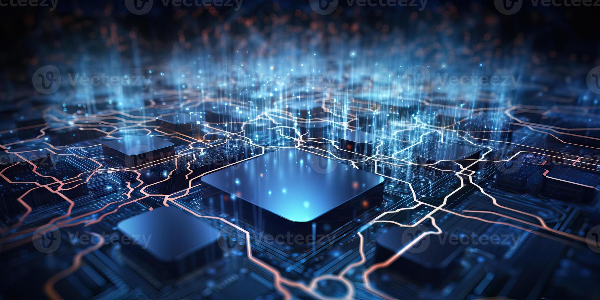 AI generated Abstract technology background of a quantum computing system with processors, artificial photo