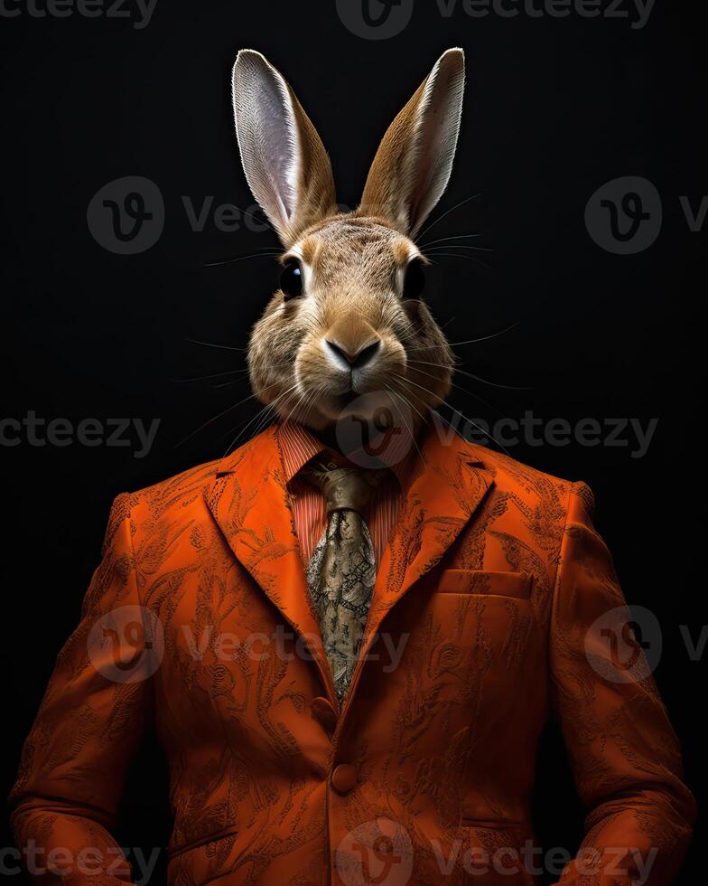 AI generated Rabbit dressed in an elegant modern orange suit, tie and glasses. Fashion portrait of an photo