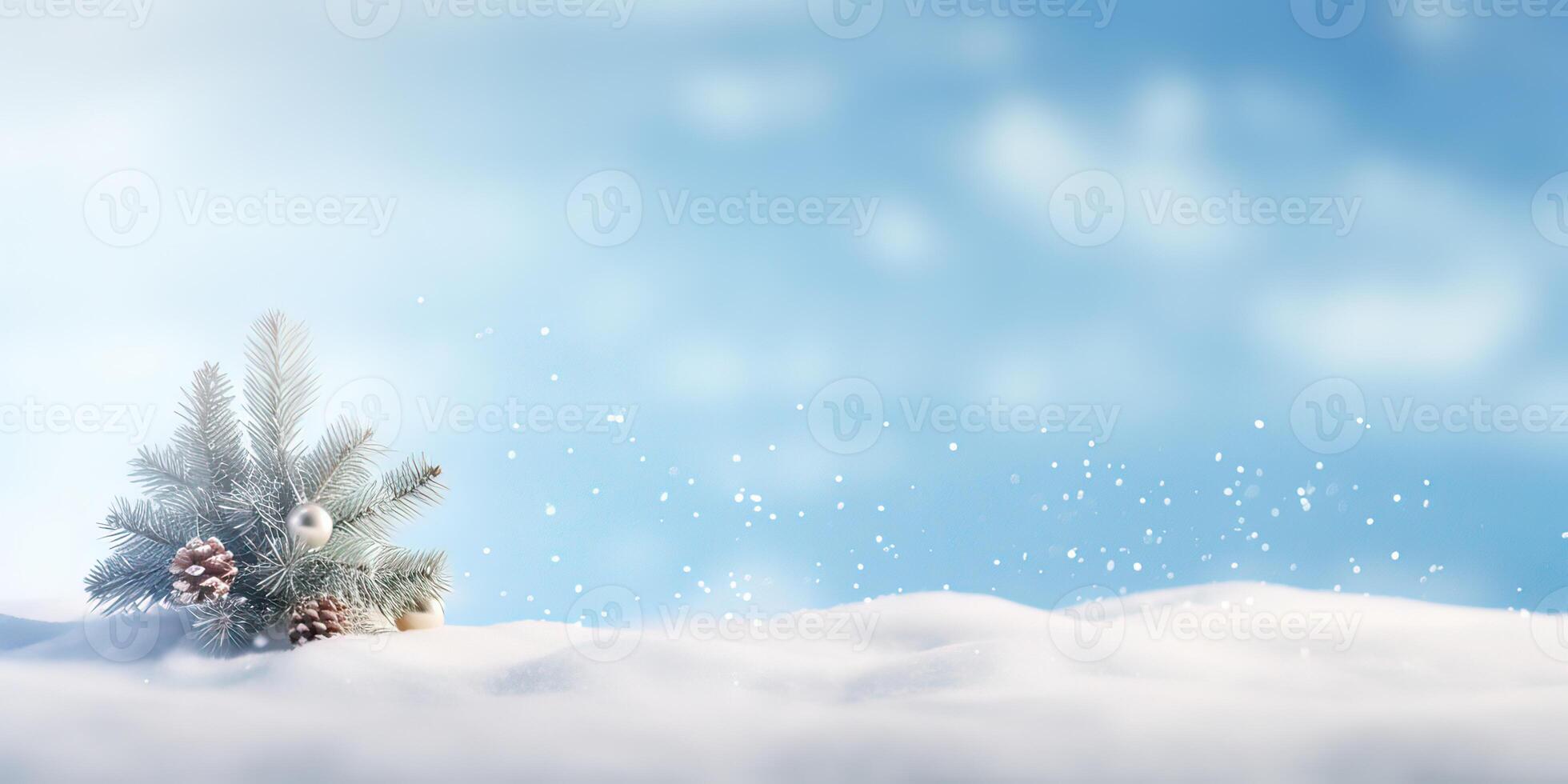AI generated Tree branch and pine cones under snowfall on icy blue background covered with white snow, Decoration photo