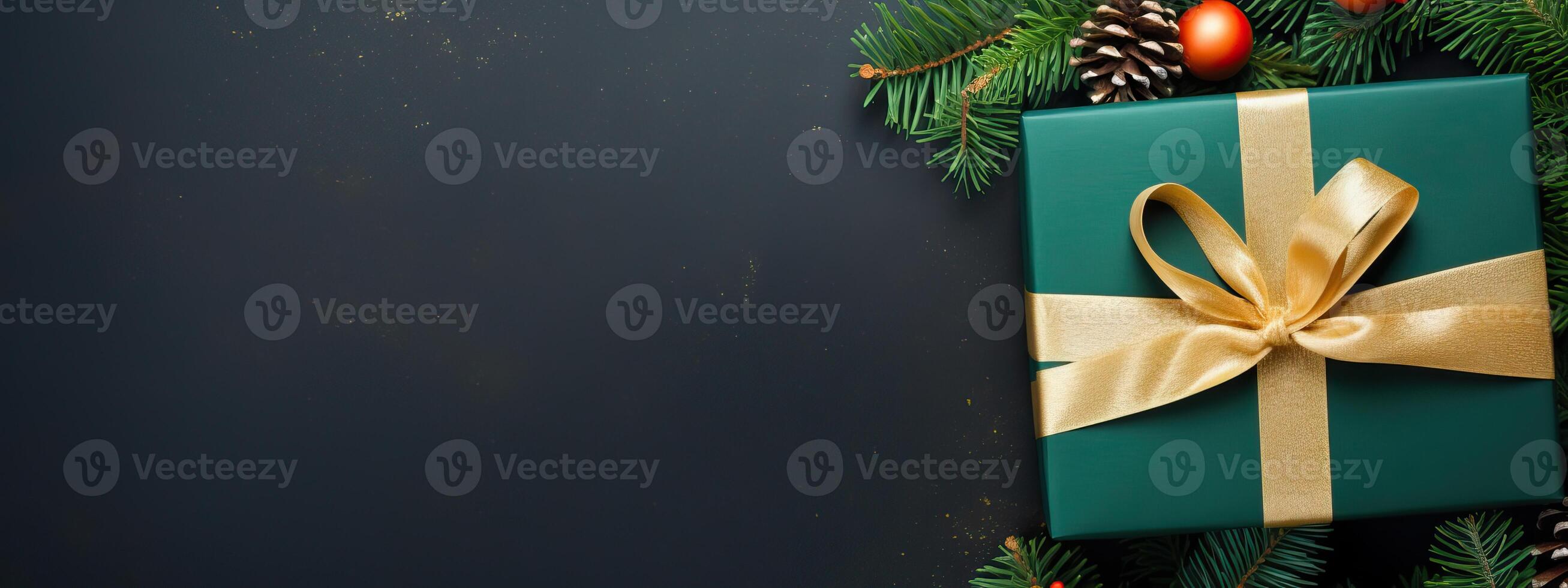 AI generated Christmas and New Year Holiday Background with green gold Gifts, Greeting Card, wide banner, festive photo