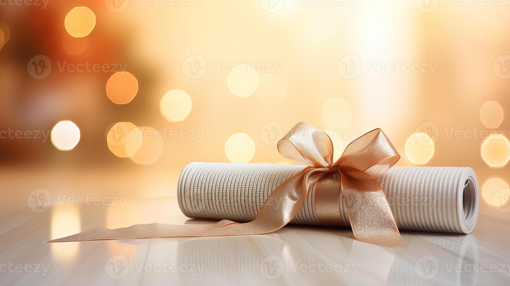 AI generated Close up of yoga mat with gift ribbon, home festive decorated fairy bokeh lights, for Christmas, New photo