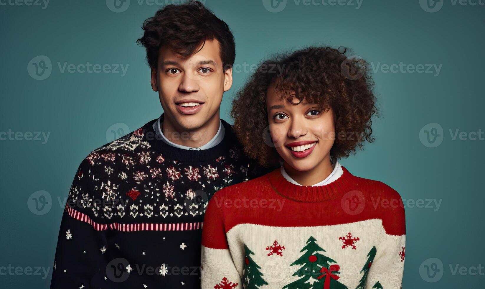 AI generated Young happy couple friends, man woman wear Christmas ugly sweater Santa hat posing spread hands photo