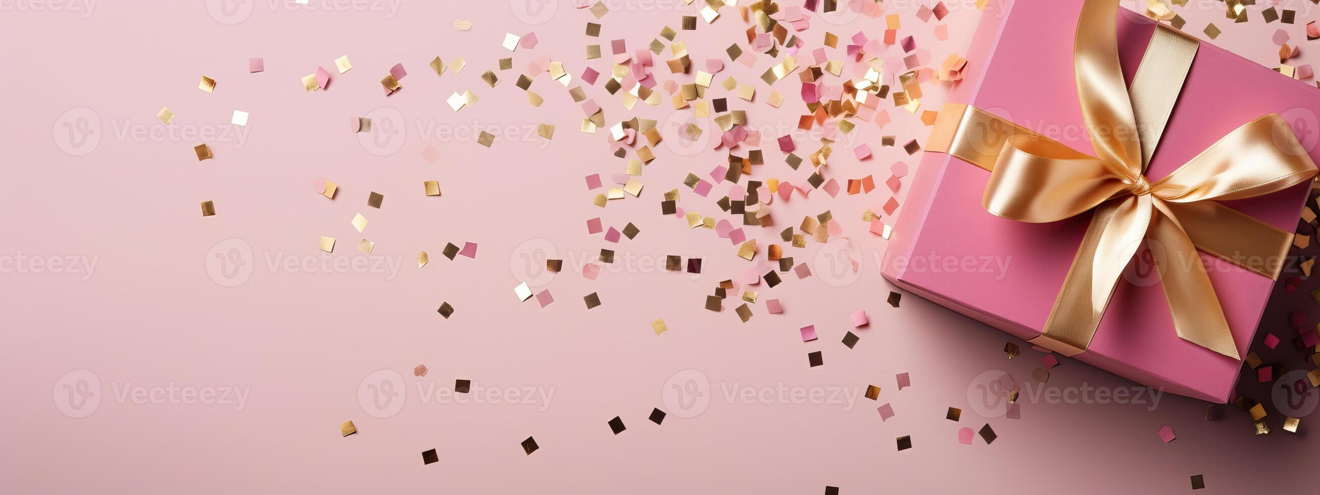AI generated Pink gift box template with confetti, top view. Xmas decorative objects. Sale banner, surprise photo