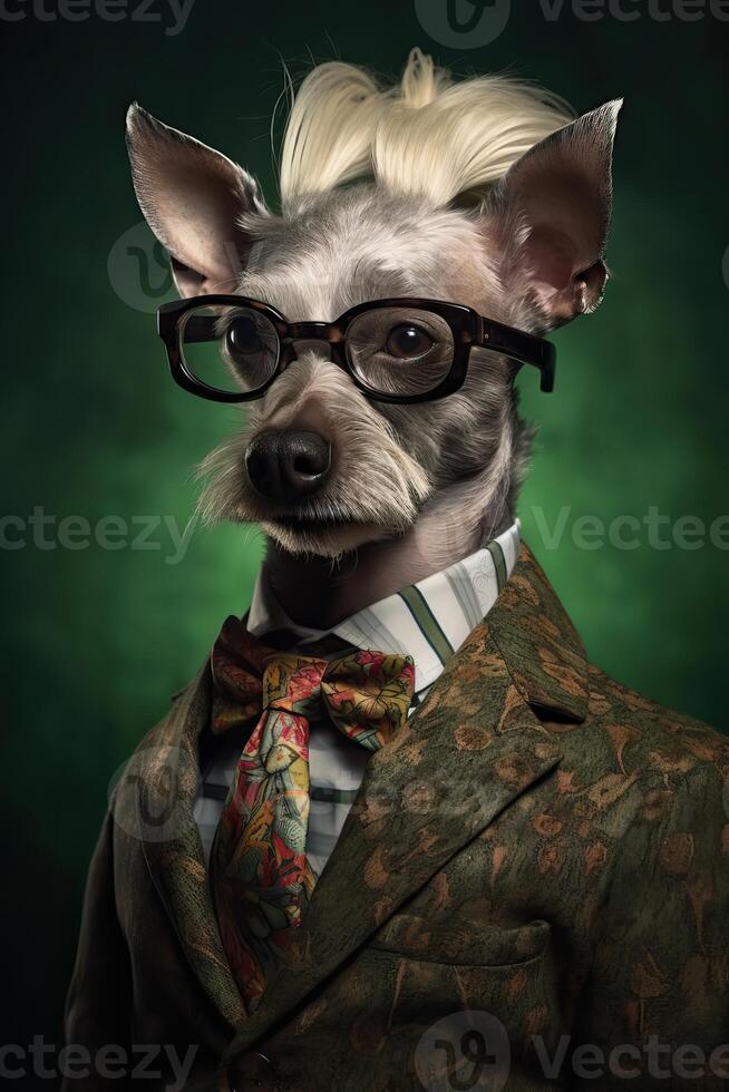 ai generado perro, yorkshire, vestido en un elegante moderno traje con un bonito atar. Moda retrato de un foto