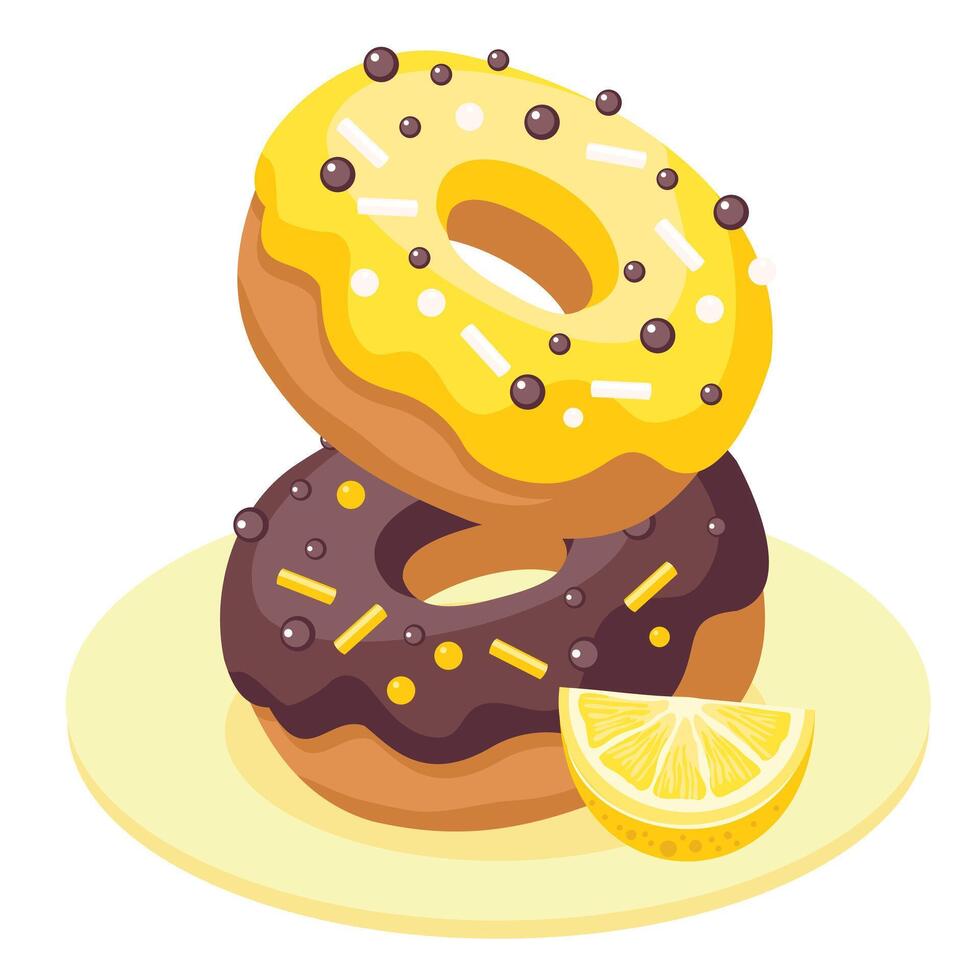 rosquillas con limón y chocolate vidriar y asperja. rosquillas con limón y chocolate en un Pastelería espolvorear en un lámina. vector ilustrado clipart.