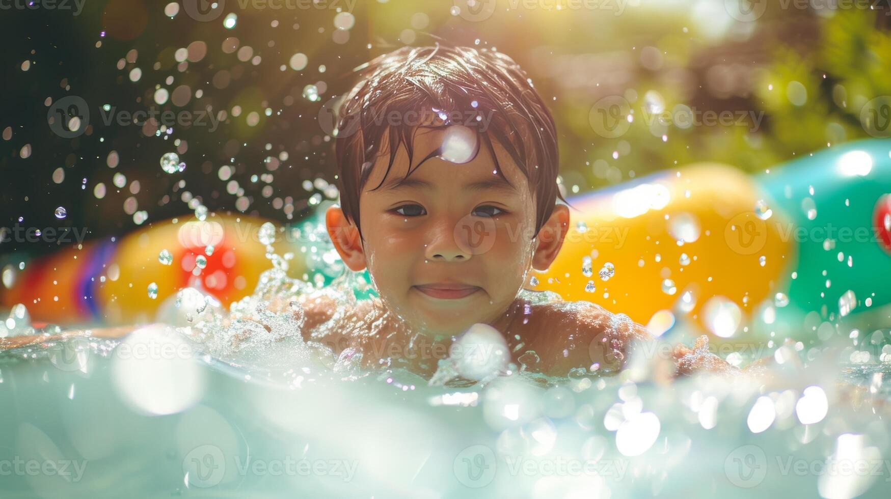 ai generado un gen alfa niño teniendo divertido en un piscina con flotadores y juguetes foto