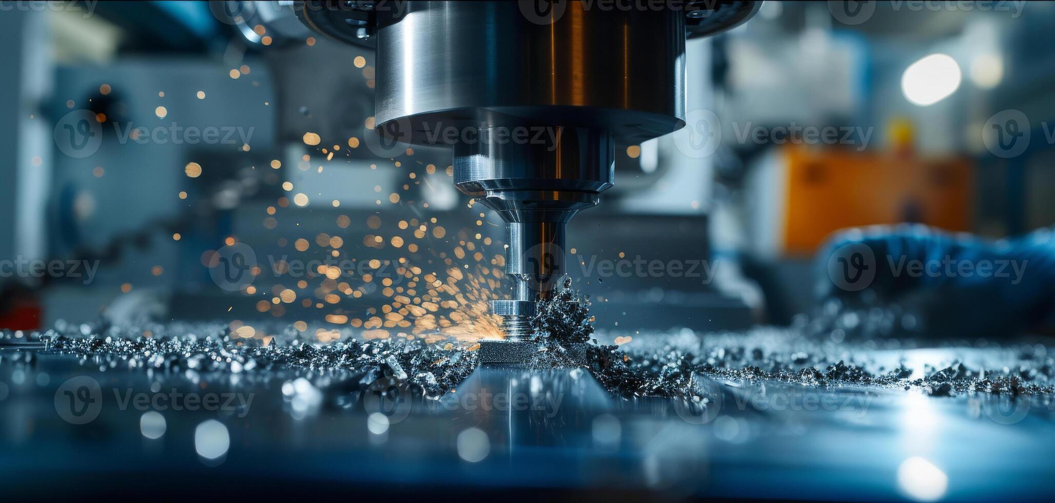 AI generated CNC machine cutting metal with sparks and debris in industrial workshop photo