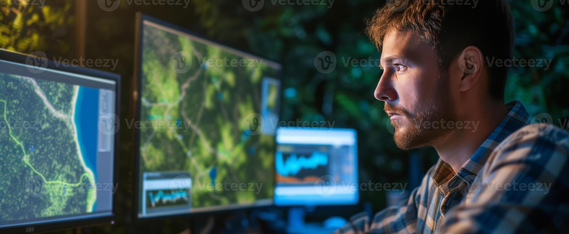 AI generated Environmental engineer using GIS software to analyze satellite photo of deforestation in the Amazon