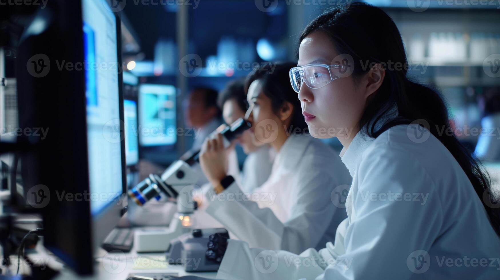 AI generated Data-driven science team discussing research strategies and using sophisticated equipment in a laboratory. photo