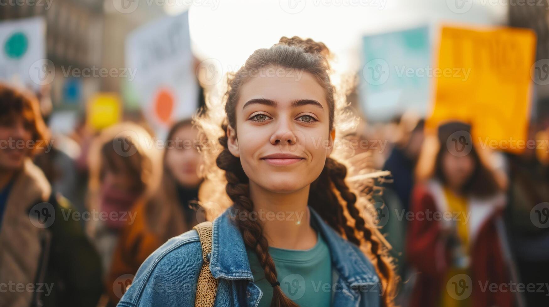 AI generated Colorful banners and slogans for climate change protest, Gen Z activist and crowd in city square photo
