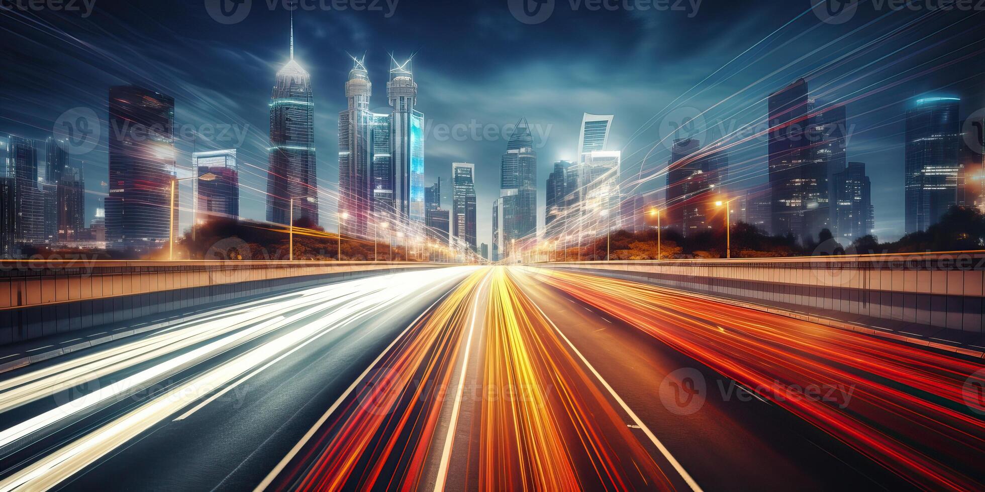 AI generated High speed urban traffic on a city highway during evening rush hour, car headlights and busy night photo