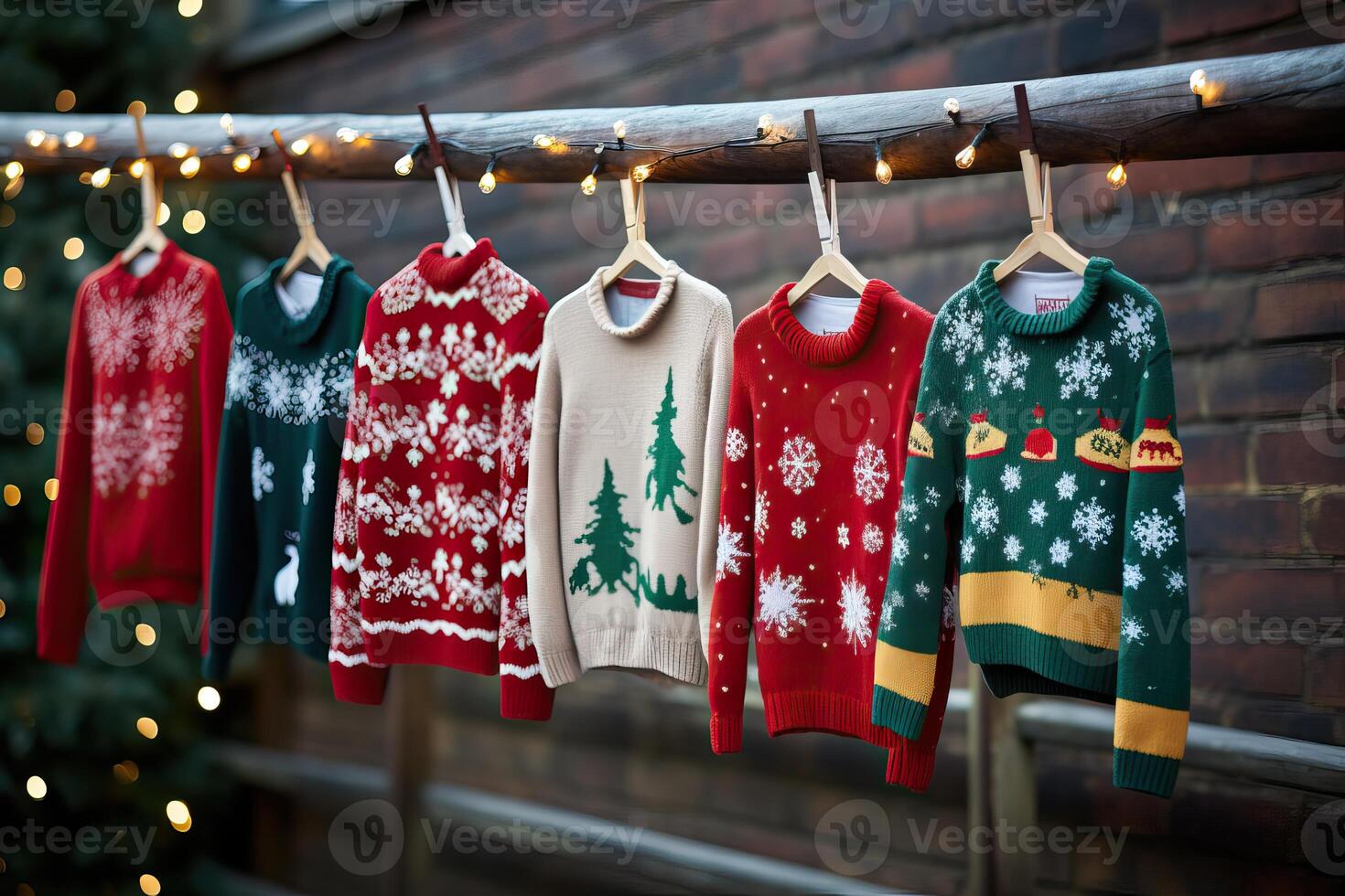 AI generated Different ugly Chirstmas jumpers hanging on a rail, on decorated christmas garlands lights photo