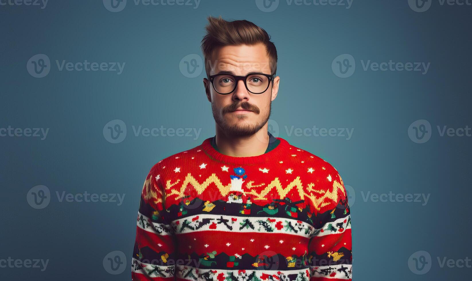 AI generated Studio portrait of handsome happy bearded man wearing christmas ugly sweater with ornament, posing photo