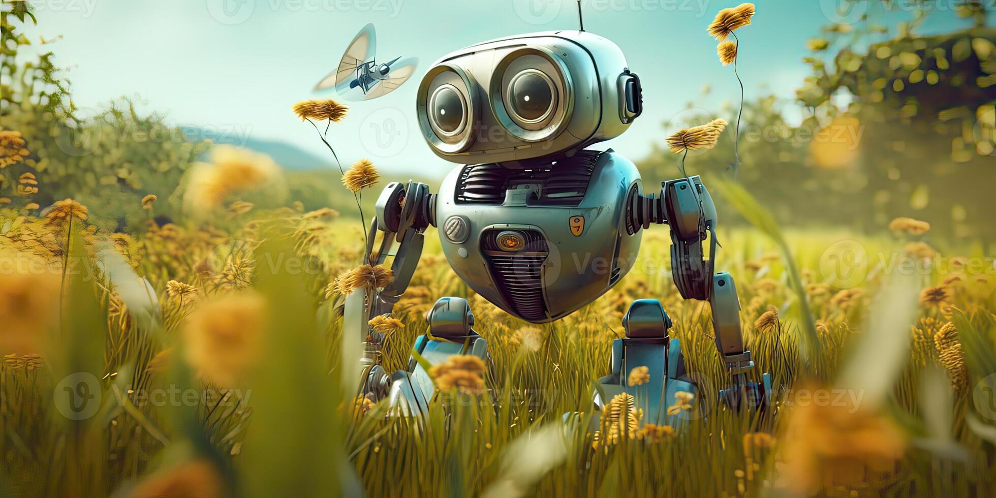 AI generated Little cute robot lost in a field on a beautiful day, discovering the earth and exploring nature photo