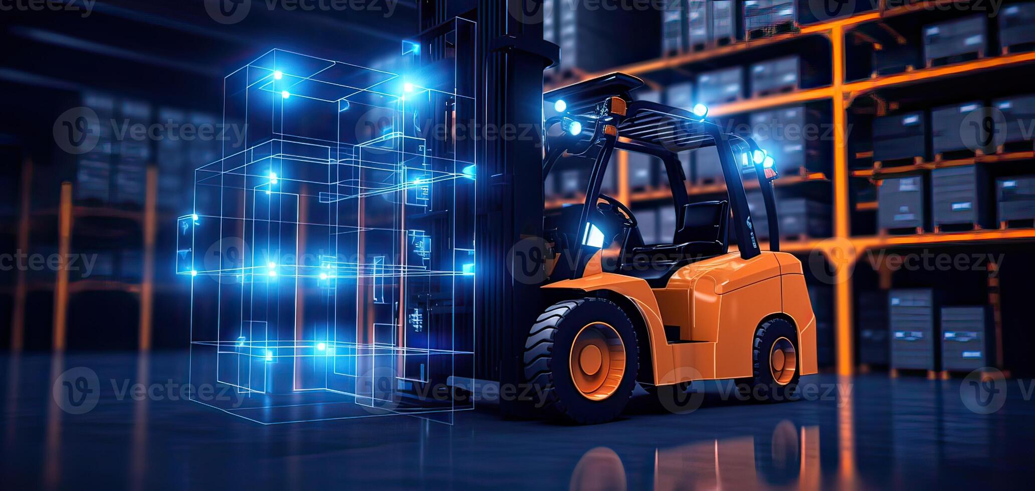AI generated Forklift doing storage in warehouse by artificial intelligence automation. Robotics applied to photo