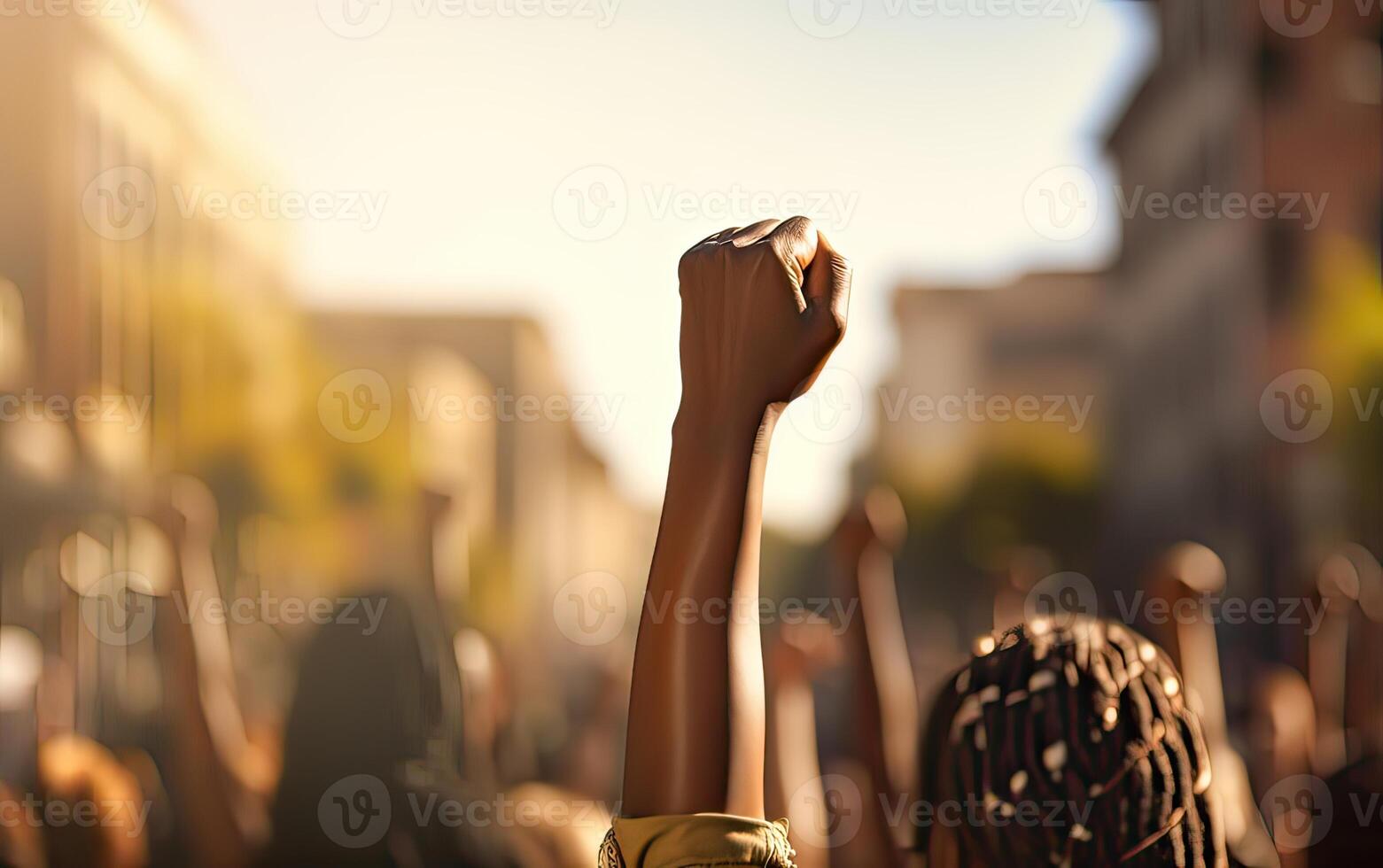 AI generated African American people in a crowd fighting and protesting in the street with raised fists against photo