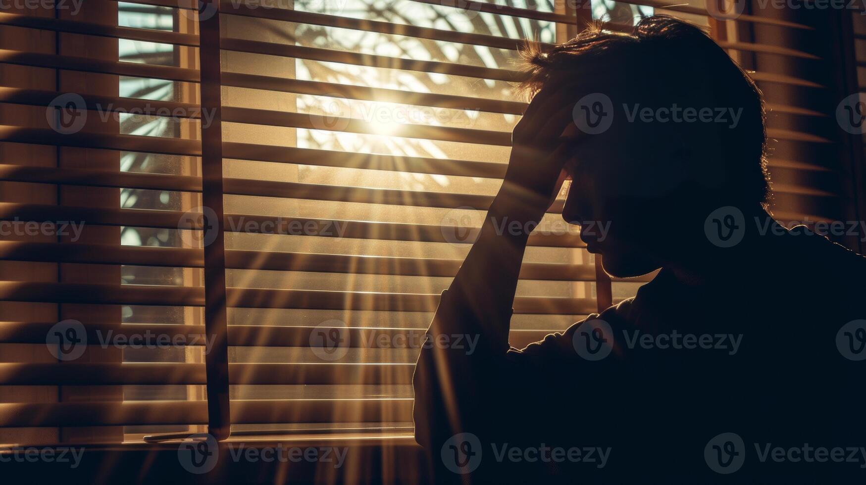 AI generated man with headache silhouetted by window, sunlight through blinds photo