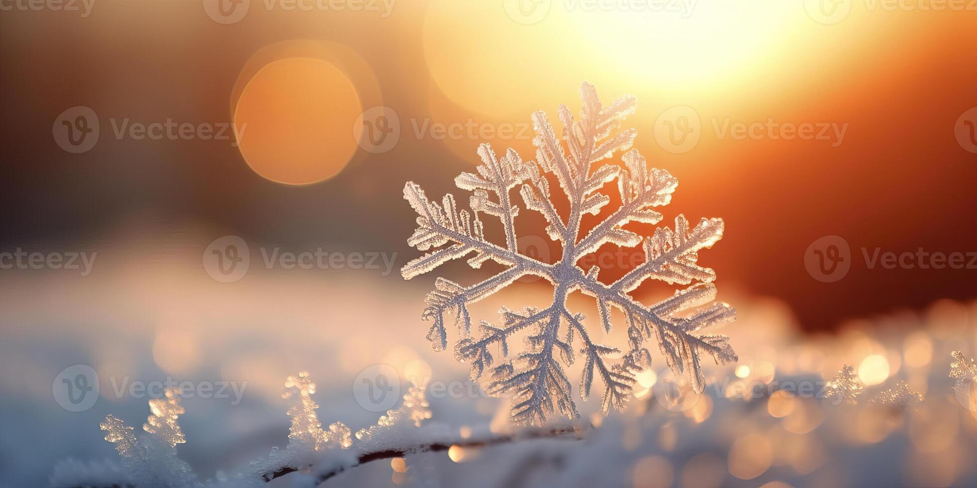 AI generated Winter season outdoors landscape, snowflake shape in nature on a forest ground covered with ice and photo