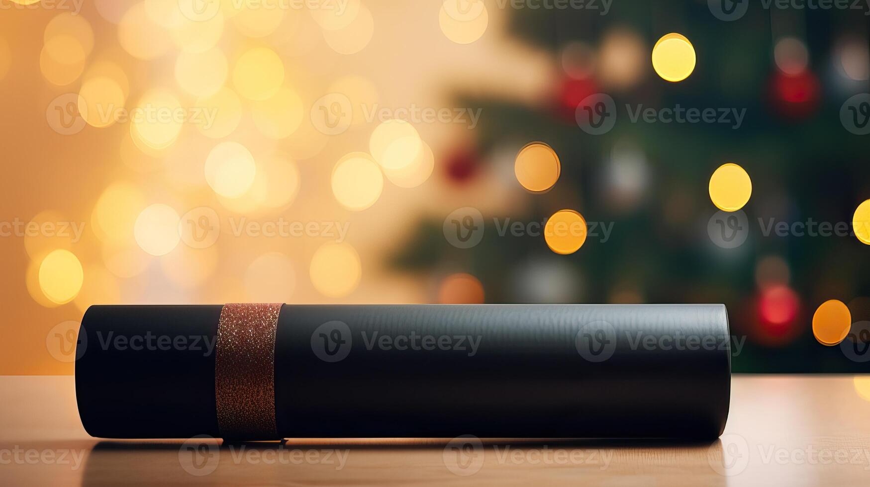 AI generated Close up of yoga mat with home festive decorated fairy bokeh lights, for Christmas, New Year. photo