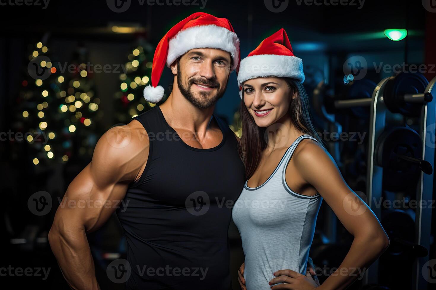 AI generated A sporty couple man woman wearing father christmas santa hat. Holiday healthy lifestyle, on festive photo