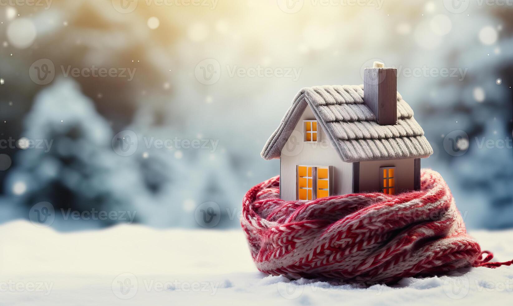 AI generated Small Figure of house with knitted scarf against blurred bokeh lights, symbol for heating system or photo