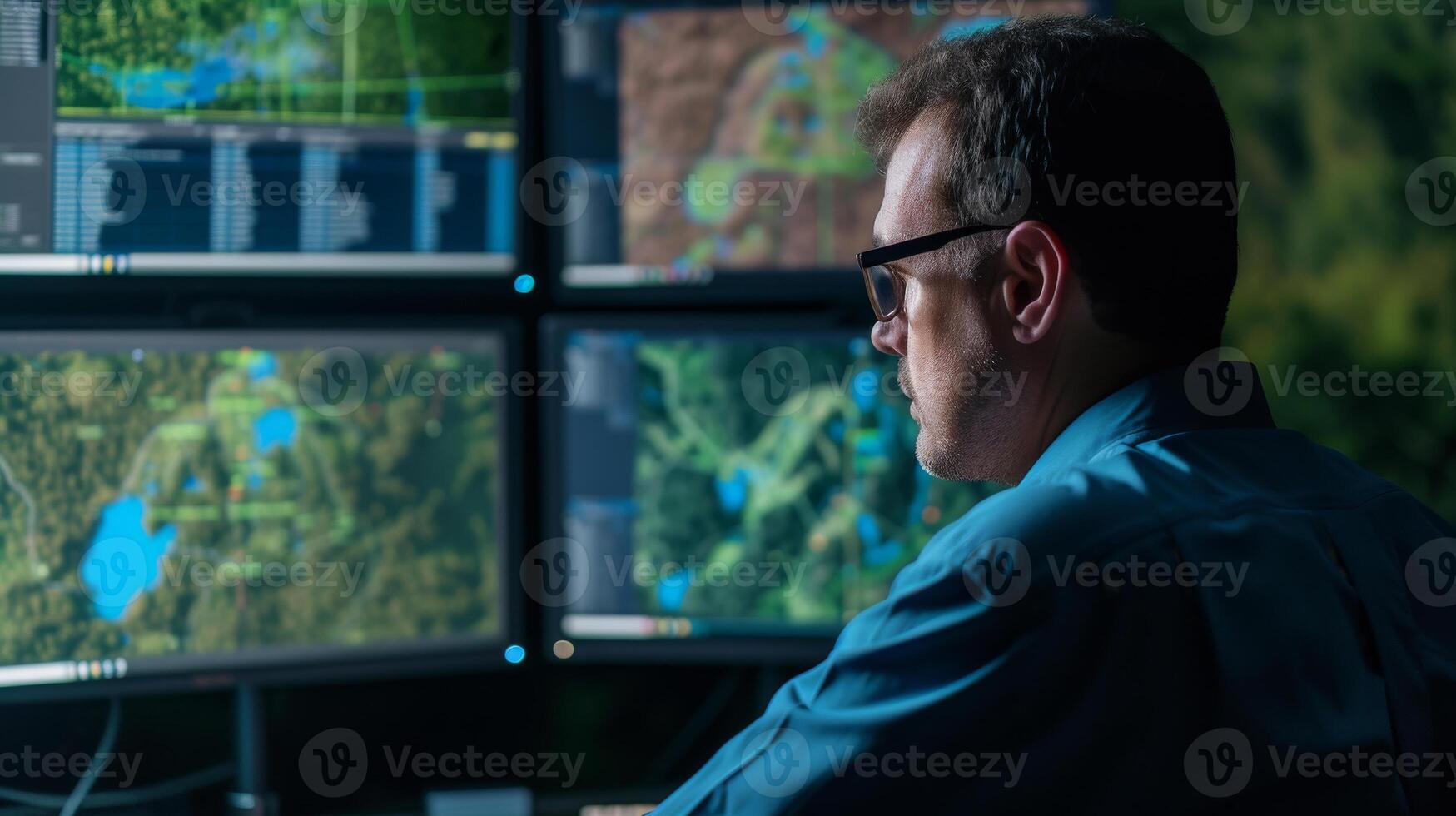 AI generated Environmental engineer working with satellite data of Amazon deforestation on computer screens photo