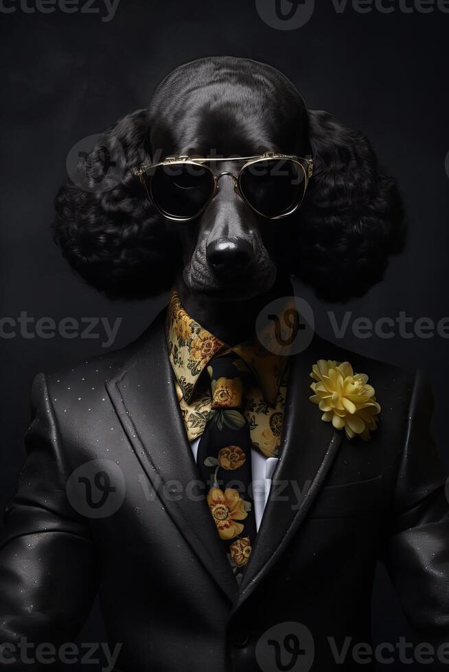 AI generated Dog, black poodle, dressed in an elegant modern suit with a nice scarf, wearing sunglasses. Fashion photo