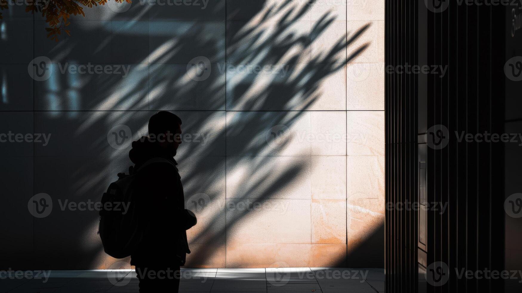 AI generated a solitary figure with a backpack walking beside a building, illuminated by the contrasting light and shadows of nearby trees. photo