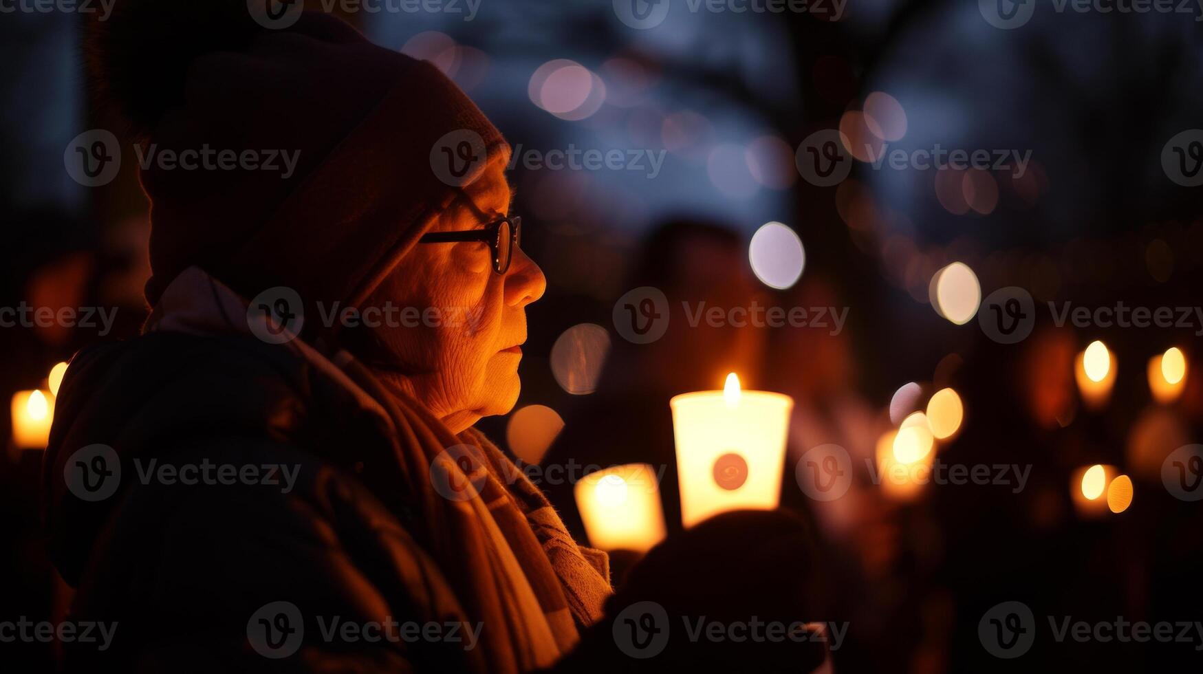 AI generated Old man living with HIV AIDS and their supporters participating in a candlelight vigil for awareness and remembrance photo