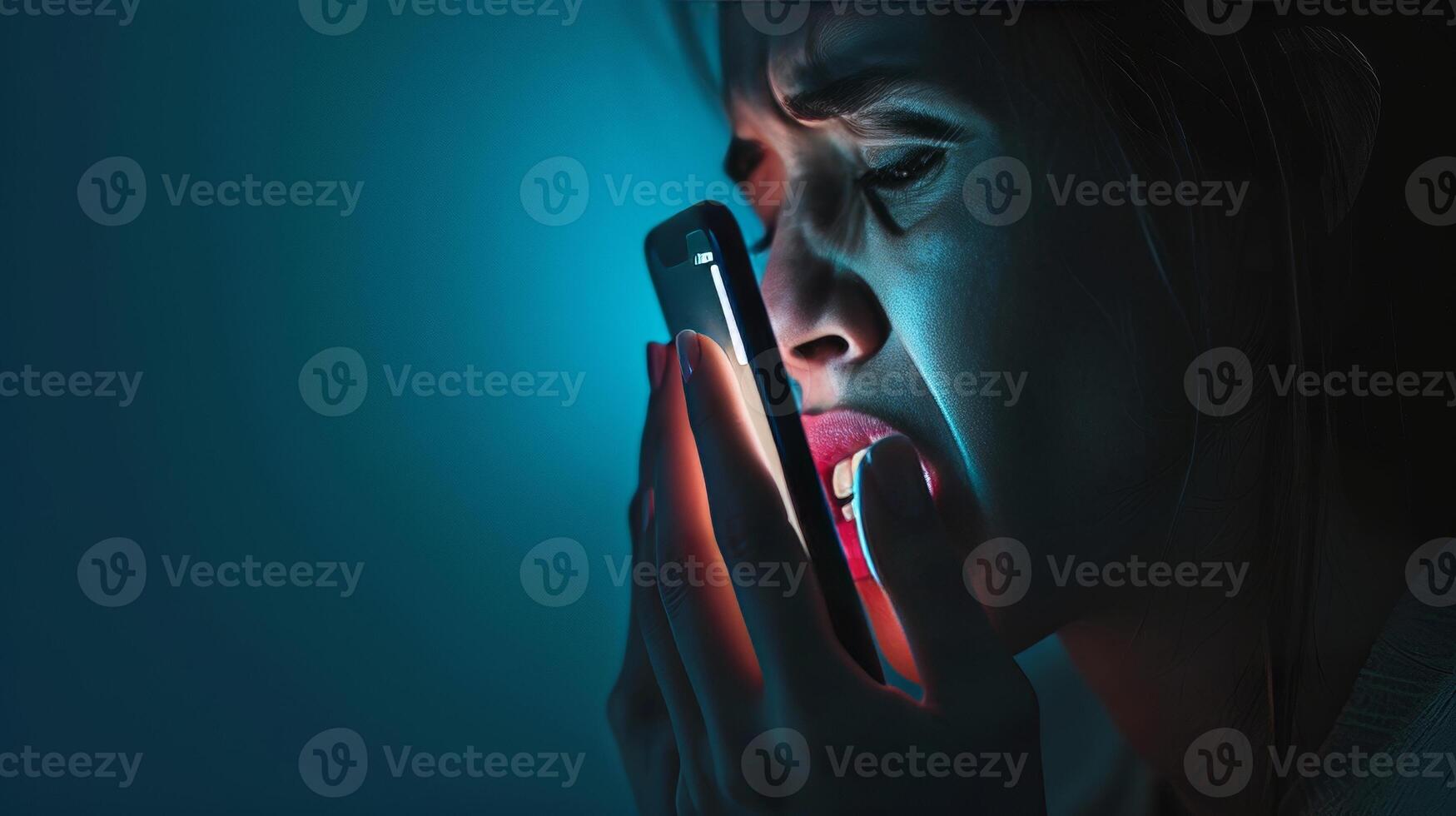AI generated Dental emergency a person with a painful jaw holding a phone with a dental clinic number in the dark photo