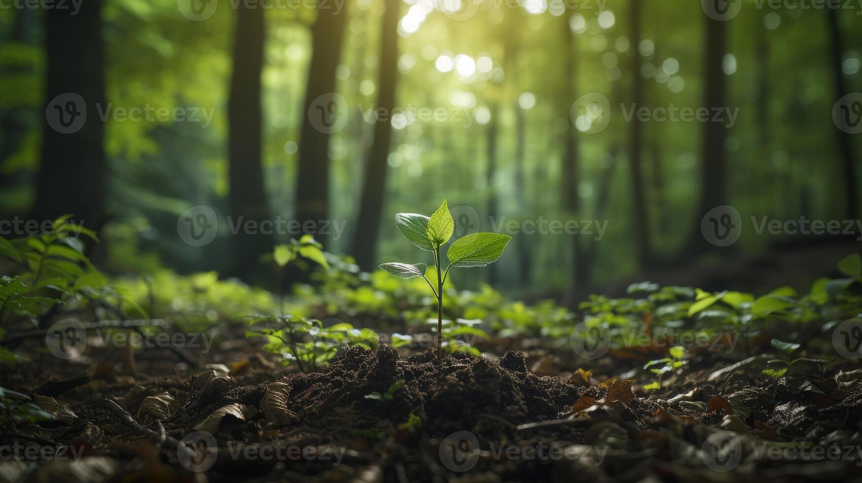 AI generated Lush forest with young sapling and towering trees representing nature growth stages photo