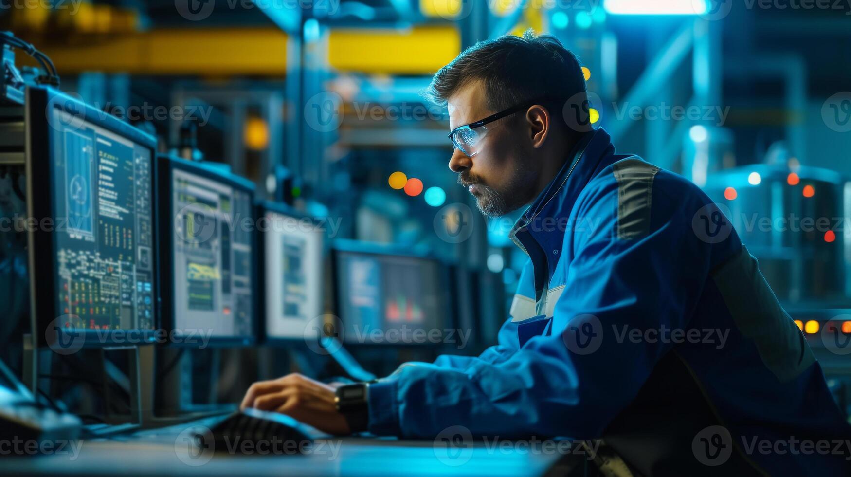 AI generated Quality control engineer monitoring data on digital display in high-tech industrial facility photo