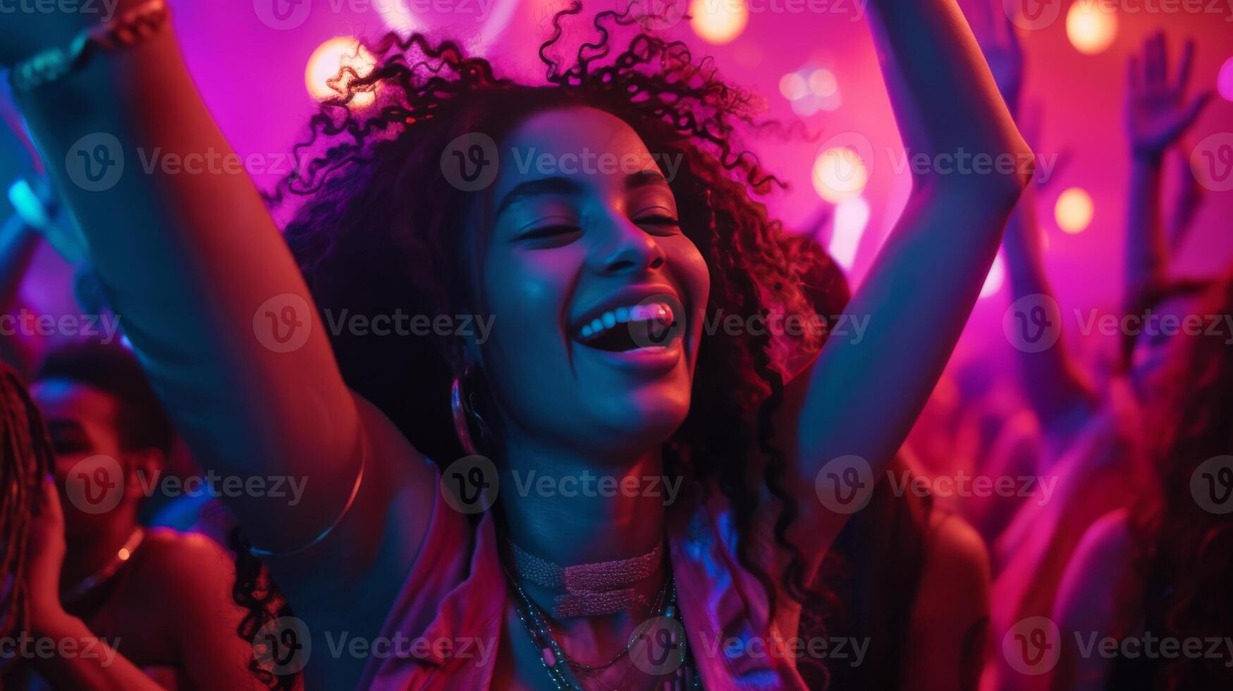 AI generated Music festival and stars with neon lights and live music, Gen Z friends dancing and celebrating photo