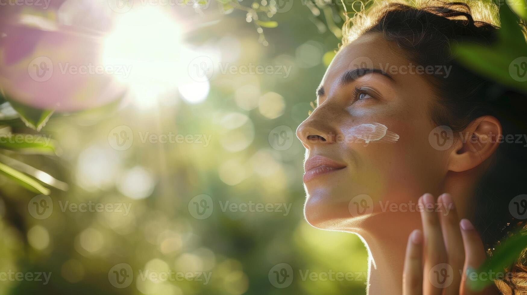 AI generated A woman applying sunscreen before yoga in a natural setting. photo