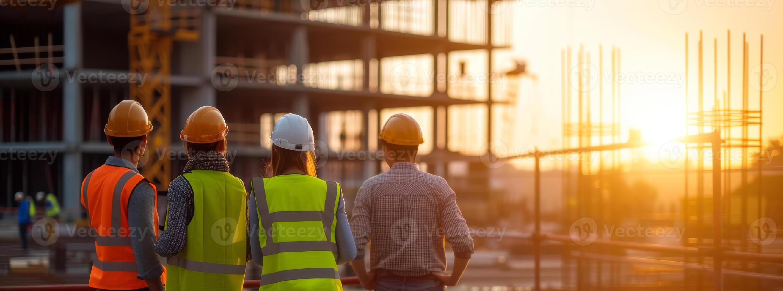 AI generated A team of engineers and architects collaborating on a construction site, monitoring the development of a new building project photo