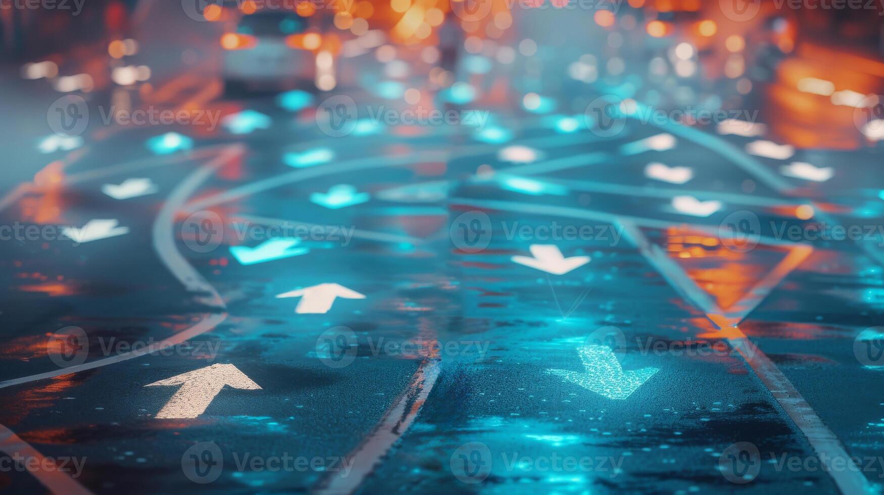 AI generated Complex, illuminated network of arrows on a road decision making and complexity in navigation. photo