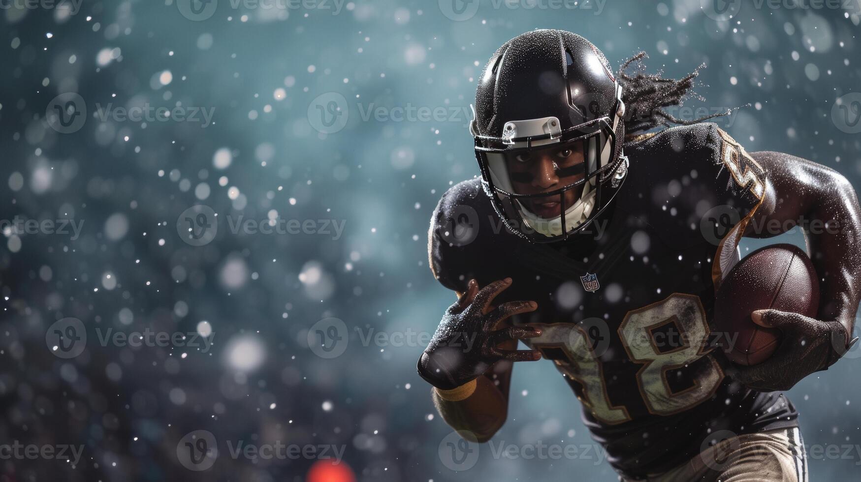 AI generated A football player in action, holding the ball tightly, ready to make a run amidst a snowy game. photo