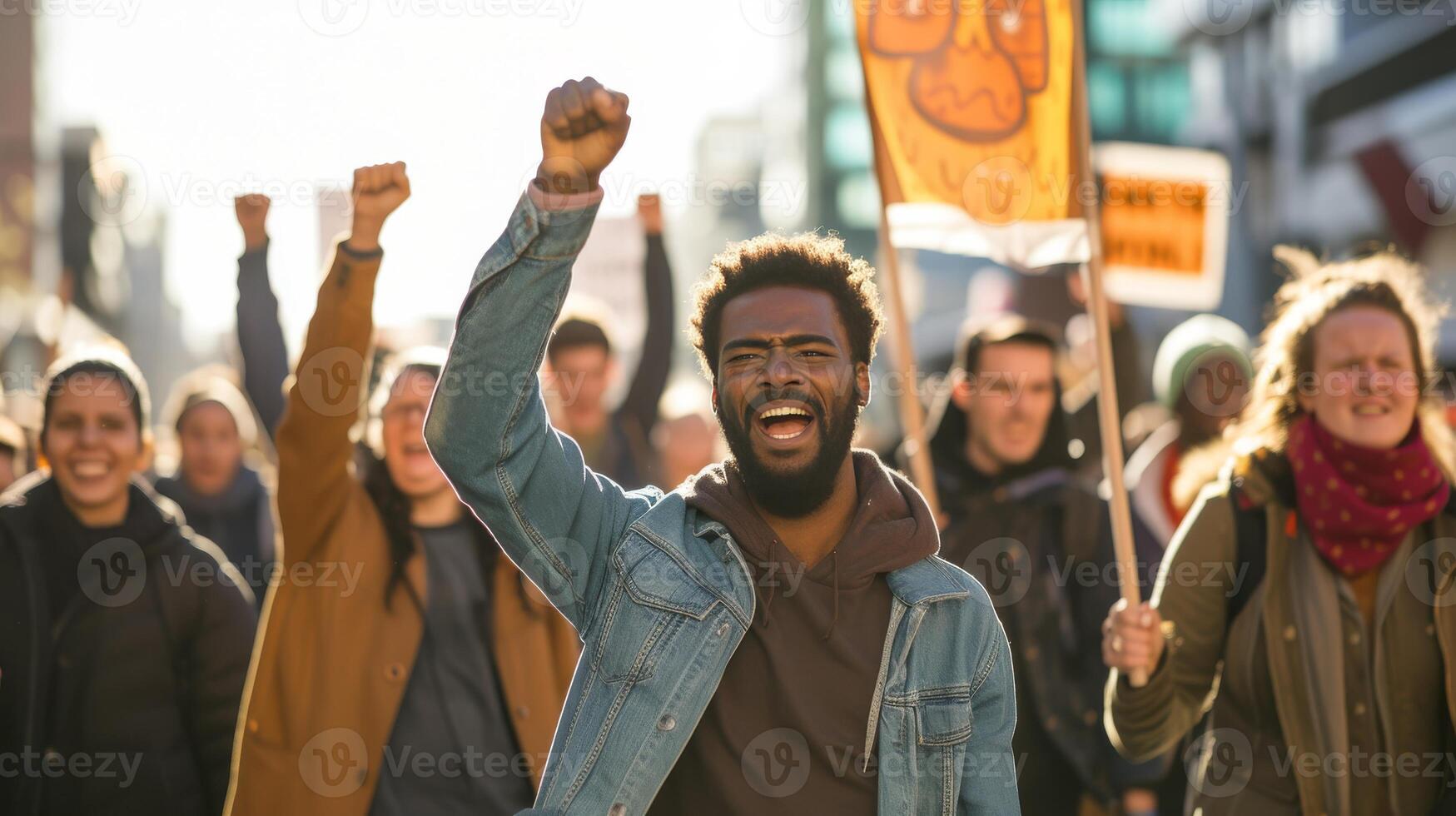 AI generated Activists holding banners and chanting slogans in a street march for social change photo