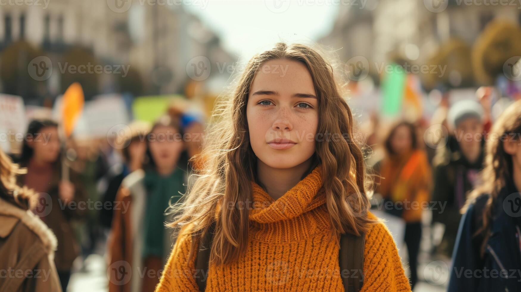 AI generated Gen Z activist leading climate change protest in city square, colorful banners and crowd photo