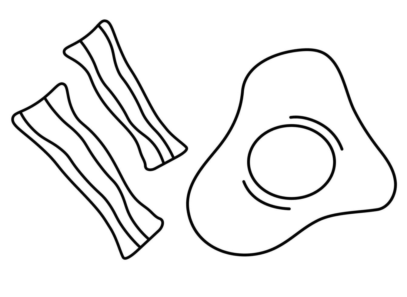 Fried egg and bacon. Morning breakfast. Hand drawn doodle food. Sketch monochrome black style. Vector flat illustration.