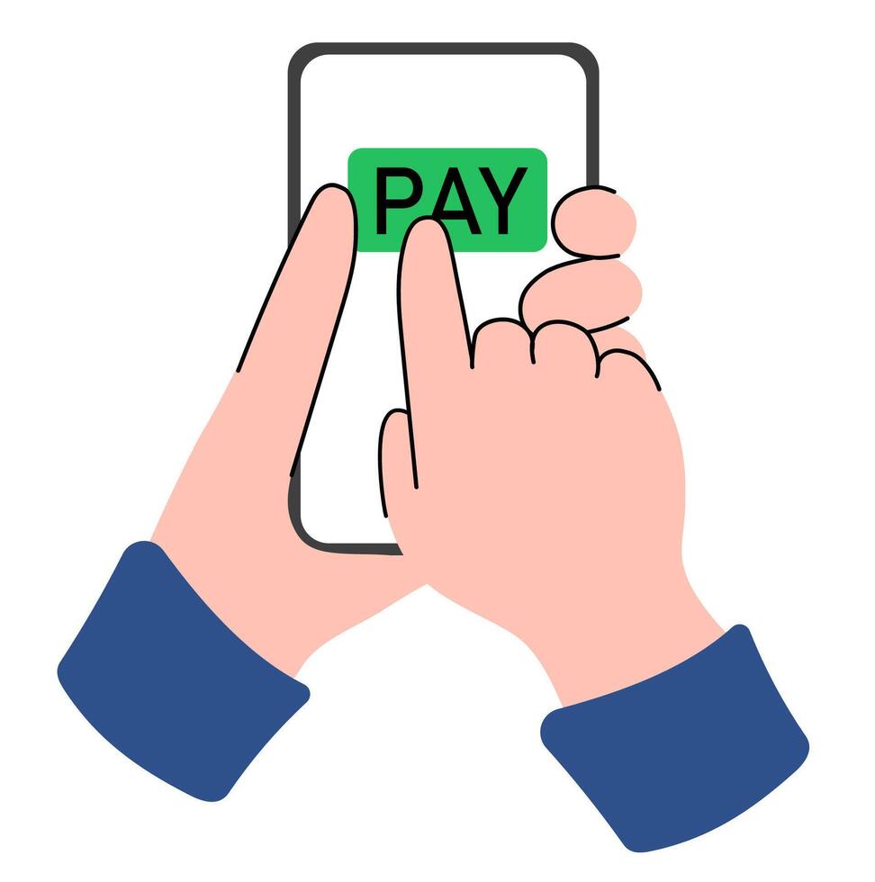 Contactless wireless cashless payment. Hands presses paying with mobile phone and app. Online shopping web site. Flat graphic vector illustration.