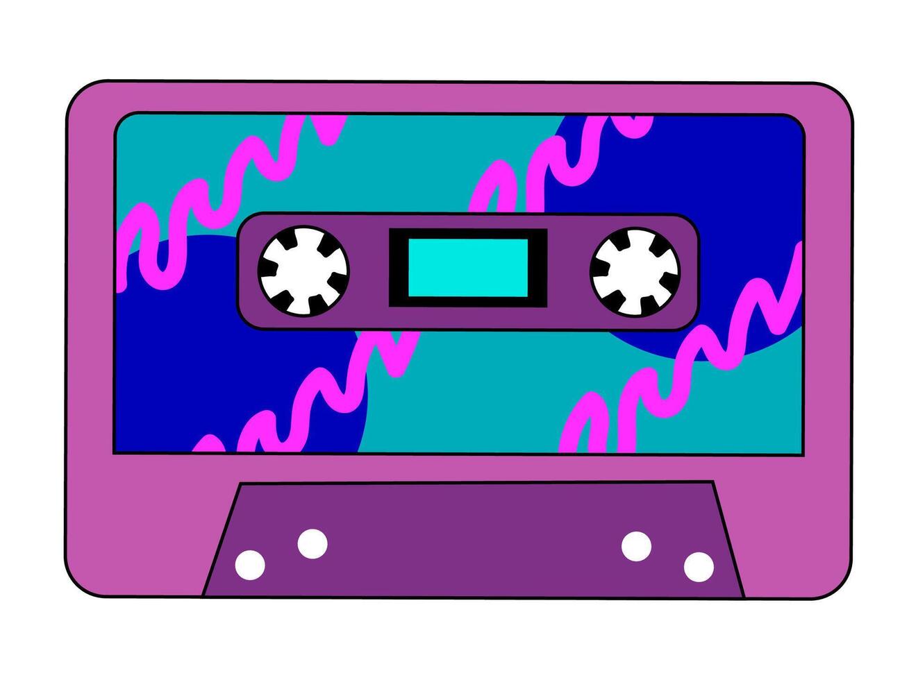Retro vintage audio music cassette with magnetic tape. Abstract purple and blue design in 90s, 80s, 70s style. Vector flat illustration.