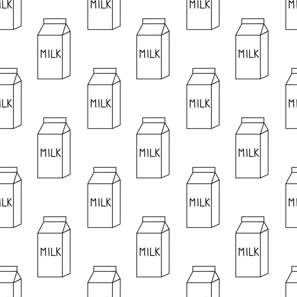 Seamless Pattern with Milk Box. Carton packaging. Dairy product background. Hand drawn doodle, sketch monochrome style. Vector flat illustration.