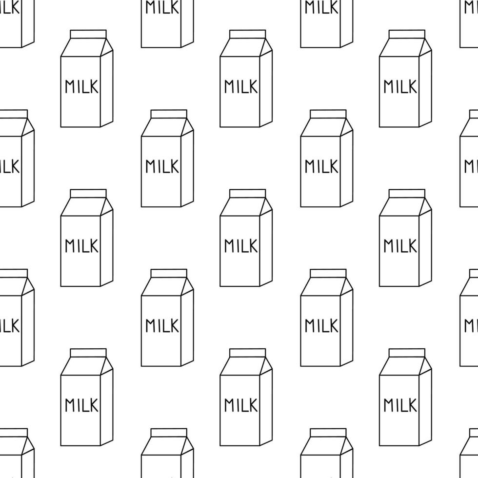 Seamless Pattern with Milk Box. Carton packaging. Dairy product background. Hand drawn doodle, sketch monochrome style. Vector flat illustration.