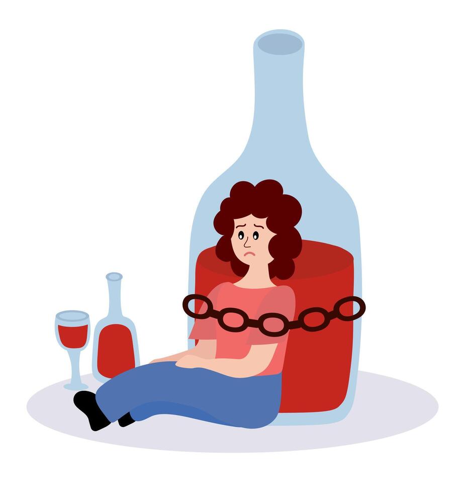 Alcoholism problem. Unhealthy lifestyle. Alcohol abuse and addiction. Alcoholic woman character. Drunk girl is chained to a bottle. Nearby is a bottle of wine and a glass. Vector flat illustration.