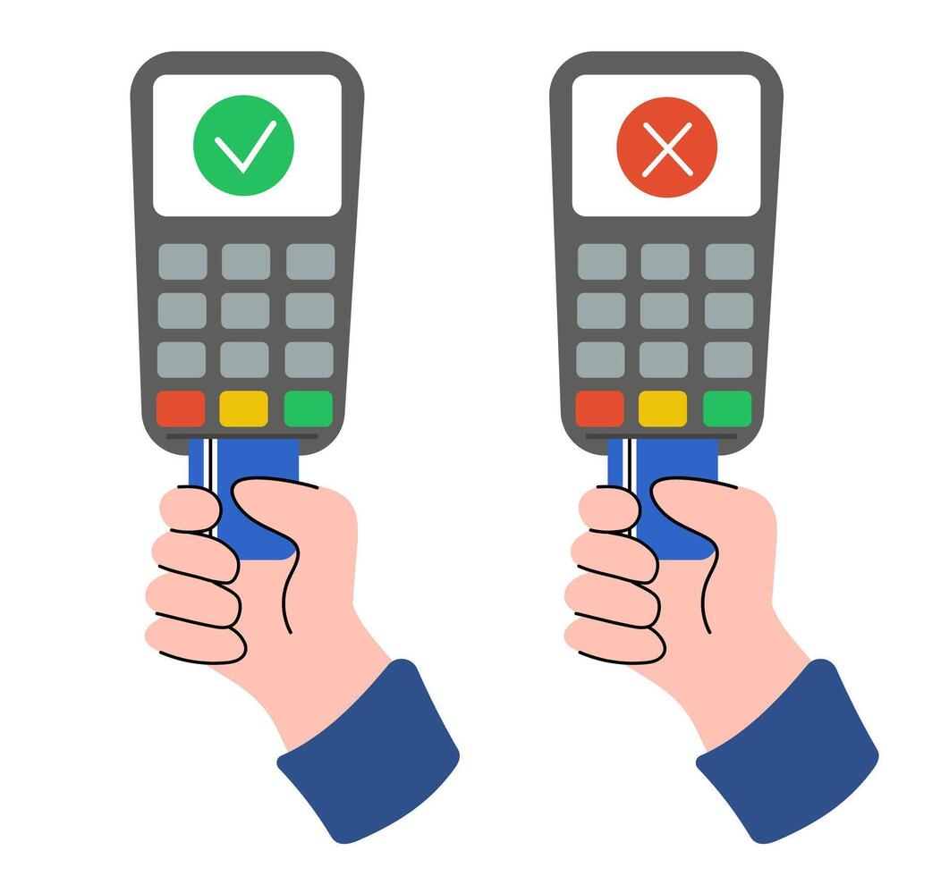 Processing of card payment. Accepting and declining payment. POS terminal with debit or credit cards. Contact payment method. Vector flat illustration.