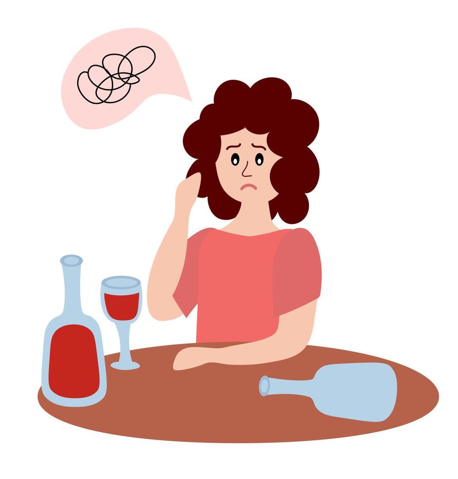 Alcoholism problem. Unhealthy lifestyle. Alcohol abuse and addiction. Alcoholic woman character. Drunk girl sit alone at table with bottles of wine and headache, hangover. Vector flat illustration.